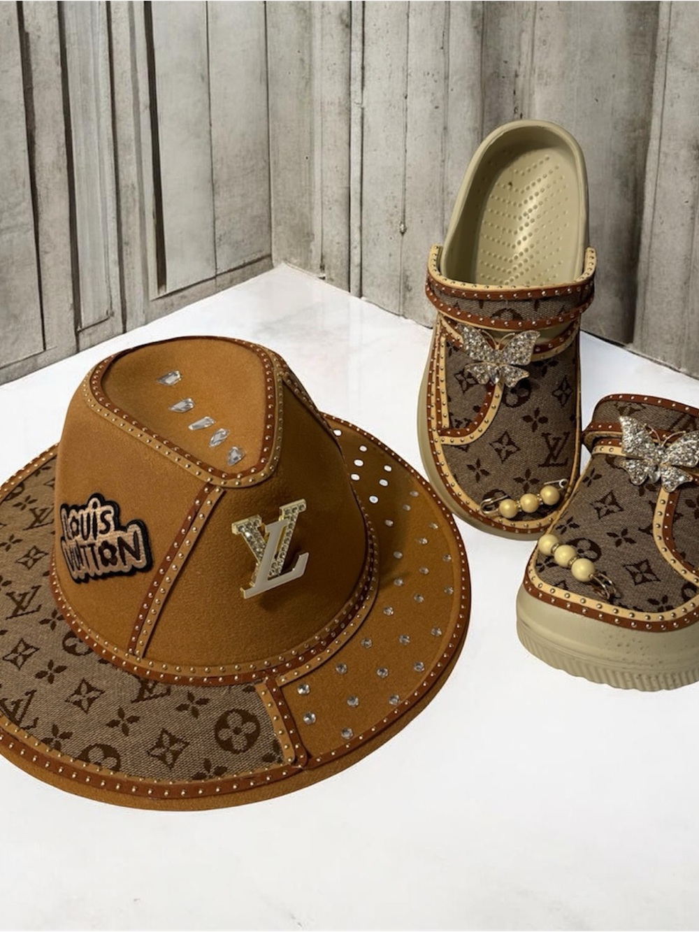 Designer Tan Louis Vuitton Monogram Studded Hat